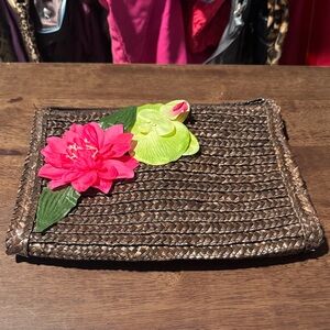 Avon Brown Woven Clutch with Floral Accents